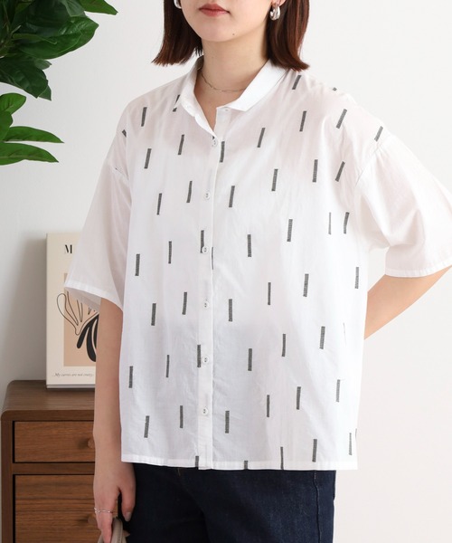 ブラウス シャツ sosotto スティック刺繍 ちび衿5分袖ブラウス レディース セール】sosotto スティック刺繍 ちび衿5分袖ブラウス（シャツ