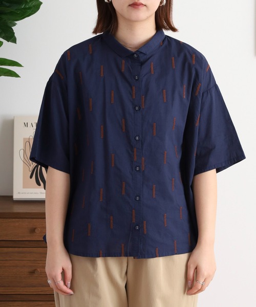 ブラウス シャツ sosotto スティック刺繍 ちび衿5分袖ブラウス レディース セール】sosotto スティック刺繍 ちび衿5分袖ブラウス（シャツ