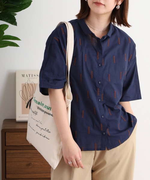 ブラウス シャツ sosotto スティック刺繍 ちび衿5分袖ブラウス レディース セール】sosotto スティック刺繍 ちび衿5分袖ブラウス（シャツ