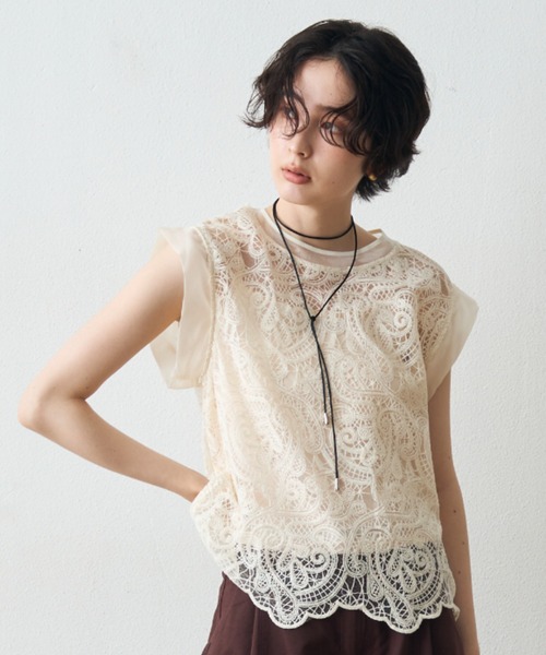 Trish（トリッシュ）の「ボヘミアンレースPO（インナーキャミ付き）（Tシャツ/カットソー・レディース・ブラック/アイボリー・FREE）」の2枚目の写真
