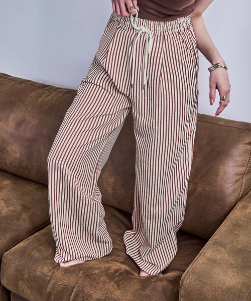Fashion Letter（ファッションレター）の「ストライプ&無地 パジャマパンツ（スウェットパンツ・レディース・マスタード/ブルー系その他/グリーン系その他/テラコッタ/ブラック/グレイッシュベージュ/ブラウン系その他/ブラック系その他/ネイビー系・M）」の3枚目の写真