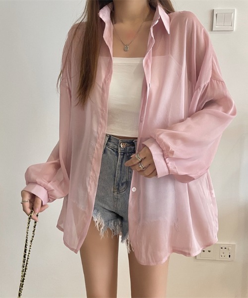 Coo+i（クーイ）の「オーバーサイズ シアーシャツ（シャツ/ブラウス・レディース・ピンク/ミント/ラベンダー/ブラック/ホワイト・FREE）」の5枚目の写真