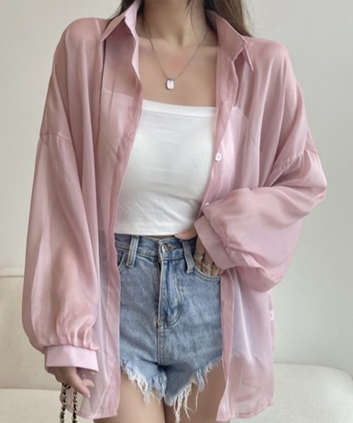 Coo+i（クーイ）の「オーバーサイズ シアーシャツ（シャツ/ブラウス・レディース・ピンク/ミント/ラベンダー/ブラック/ホワイト・FREE）」の9枚目の写真