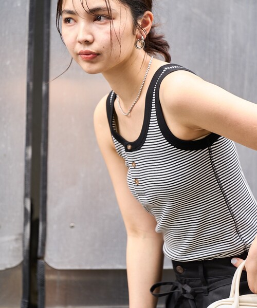 FREAK'S STORE（フリークスストア）の「RED KAP × FREAK'S STORE/レッドキャップ 別注 ボーダーヘンリータンクトップ（タンクトップ・レディース・パープル/ブラック/レモンイエロー・ﾌﾘ-）」の15枚目の写真