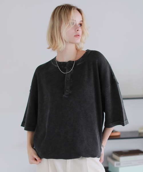 ヴィンテージ加工サーマルヘンリーネックドローコードT（Tシャツ