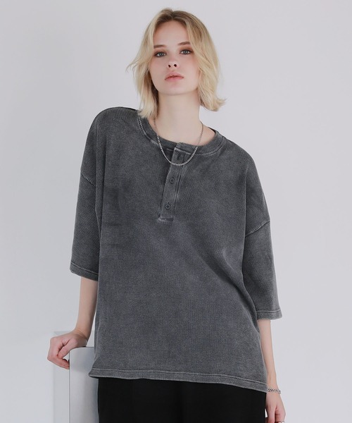 ヴィンテージ加工サーマルヘンリーネックドローコードT（Tシャツ