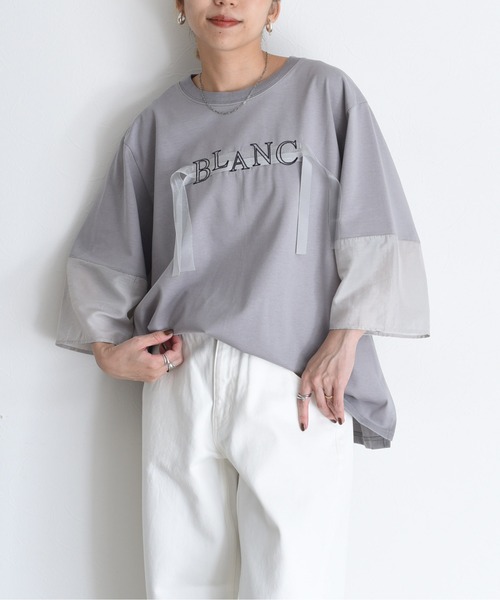 Eimee Law（エイミーロウ）の「テープロゴ エンブロ切替トップス（Tシャツ/カットソー・レディース・ブラウン/オフホワイト/ブラック/グレー・FREE）」の4枚目の写真