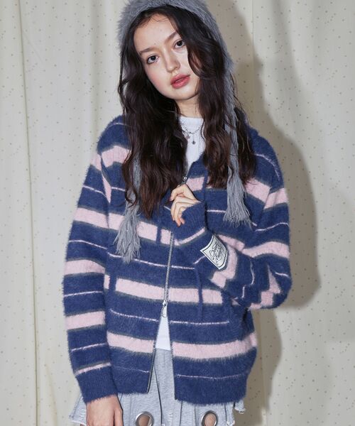 SEQUENZ（シークエンズ）】SHAGGY BORDER HOODIE ZIP / ボーダー