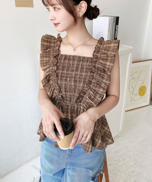 【美品】rosymonster メローフリルチェックシャツ ブラウン rosymonster メローフリルチェックシャツ ブラウン - メルカリ