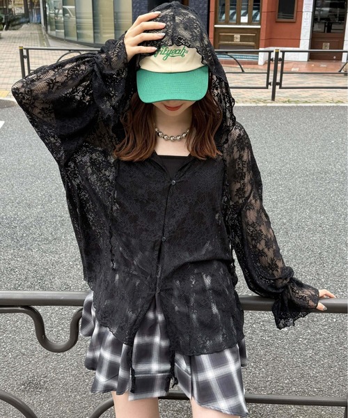 tiptop(ティップトップ)の「レースドロストパーカーカーディガン(Tシャツ/カットソー・レディース・オフホワイト/ブラック/ブラック系その他・FREE)」の1枚目の写真