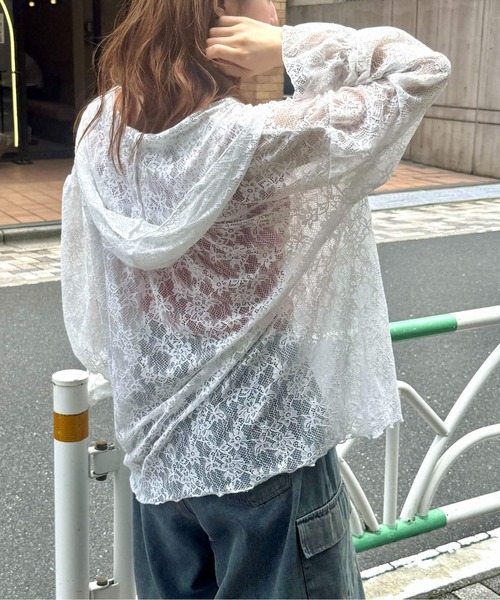 tiptop(ティップトップ)の「レースドロストパーカーカーディガン(Tシャツ/カットソー・レディース・オフホワイト/ブラック/ブラック系その他・FREE)」の9枚目の写真