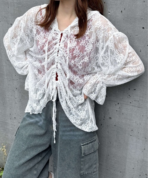 tiptop(ティップトップ)の「レースドロストパーカーカーディガン(Tシャツ/カットソー・レディース・オフホワイト/ブラック/ブラック系その他・FREE)」の11枚目の写真