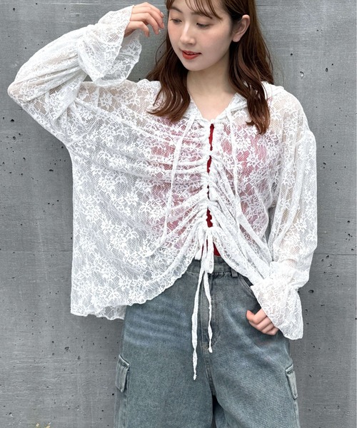 tiptop(ティップトップ)の「レースドロストパーカーカーディガン(Tシャツ/カットソー・レディース・オフホワイト/ブラック/ブラック系その他・FREE)」の12枚目の写真