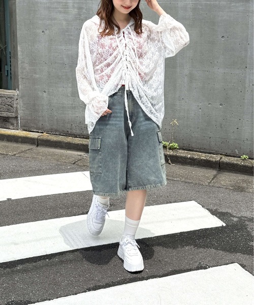 tiptop(ティップトップ)の「レースドロストパーカーカーディガン(Tシャツ/カットソー・レディース・オフホワイト/ブラック/ブラック系その他・FREE)」の14枚目の写真