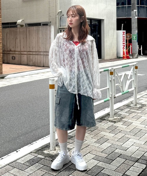 tiptop(ティップトップ)の「レースドロストパーカーカーディガン(Tシャツ/カットソー・レディース・オフホワイト/ブラック/ブラック系その他・FREE)」の7枚目の写真