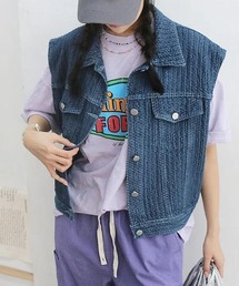 ★ JEANS★ デニムブルゾン シングルブレスト ノースリーブ DENIM PRINT SHEER BLOUSON / デニムプリントシアーブルゾン