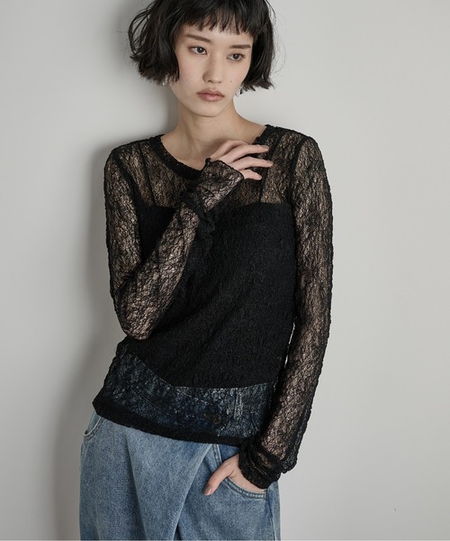 THE YOn（ザヨン）の「ストレッチレースクルーネックPO（Tシャツ/カットソー・レディース・グレイッシュベージュ/ブラック/ピンク/アイボリー・FREE）」の3枚目の写真