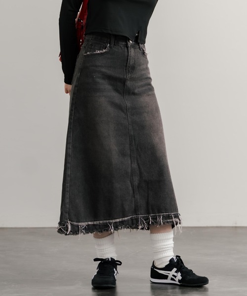 Rocky Monroe(ロッキーモンロー)の「ヴィンテージライクAラインセミロングフリンジデニムスカート(デニムスカート・レディース・ブルー/グレー・M/L)」の3枚目の写真