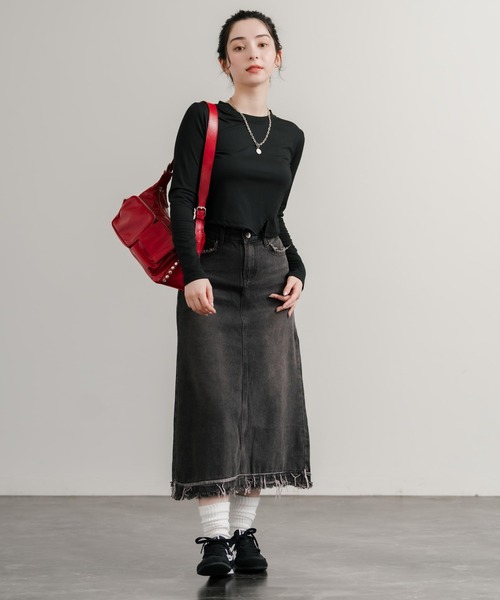 Rocky Monroe(ロッキーモンロー)の「ヴィンテージライクAラインセミロングフリンジデニムスカート(デニムスカート・レディース・ブルー/グレー・M/L)」の6枚目の写真