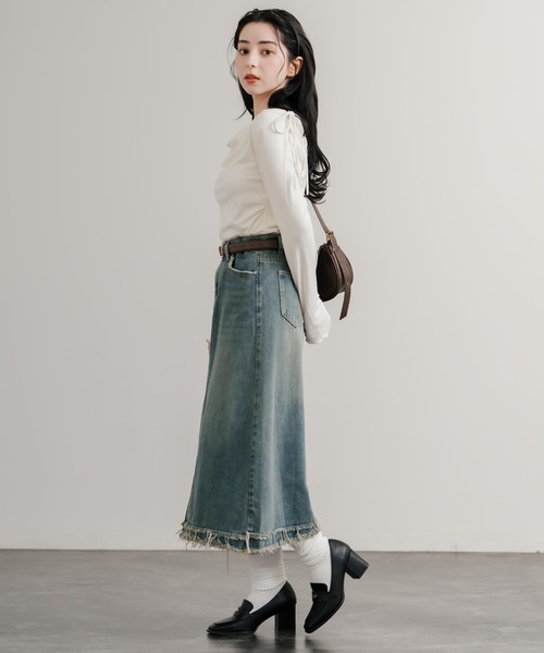 Rocky Monroe(ロッキーモンロー)の「ヴィンテージライクAラインセミロングフリンジデニムスカート(デニムスカート・レディース・ブルー/グレー・M/L)」の11枚目の写真