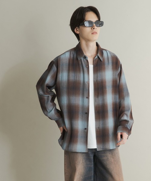 チェック レギュラーカラー シャツ シャツ オンブレチェック レギュラーカラー ネルシャツ メンズ
