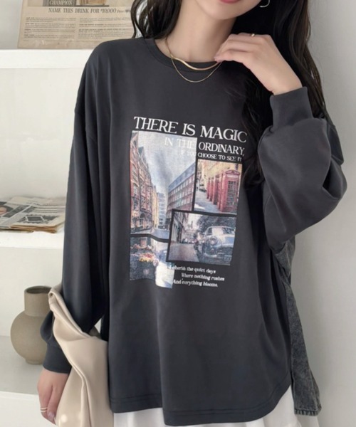 A.D.C.L.（エーディーシーエル）の「背面 デニム切替 プリント ビッグTシャツ（Tシャツ/カットソー・レディース・チャコールグレー/オフホワイト・M/L）」の13枚目の写真