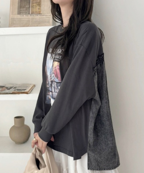 A.D.C.L.（エーディーシーエル）の「背面 デニム切替 プリント ビッグTシャツ（Tシャツ/カットソー・レディース・チャコールグレー/オフホワイト・M/L）」の4枚目の写真