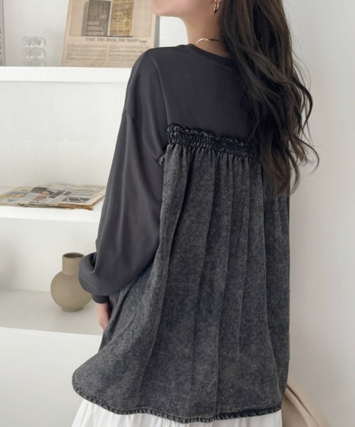 A.D.C.L.（エーディーシーエル）の「背面 デニム切替 プリント ビッグTシャツ（Tシャツ/カットソー・レディース・チャコールグレー/オフホワイト・M/L）」の10枚目の写真