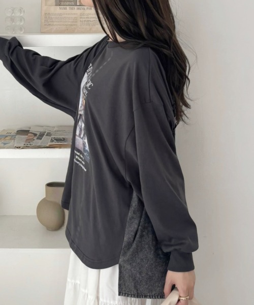 A.D.C.L.（エーディーシーエル）の「背面 デニム切替 プリント ビッグTシャツ（Tシャツ/カットソー・レディース・チャコールグレー/オフホワイト・M/L）」の9枚目の写真