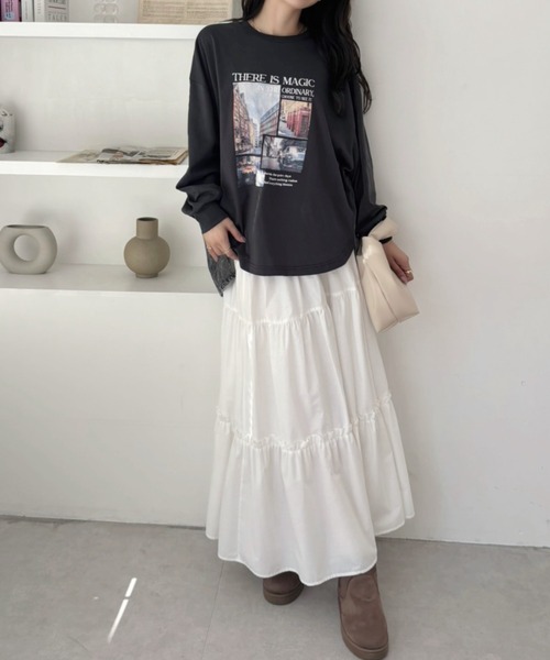 A.D.C.L.（エーディーシーエル）の「背面 デニム切替 プリント ビッグTシャツ（Tシャツ/カットソー・レディース・チャコールグレー/オフホワイト・M/L）」の6枚目の写真