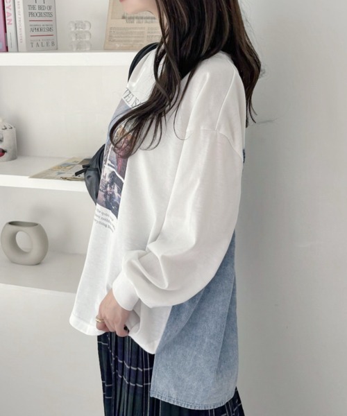 A.D.C.L.（エーディーシーエル）の「背面 デニム切替 プリント ビッグTシャツ（Tシャツ/カットソー・レディース・チャコールグレー/オフホワイト・M/L）」の8枚目の写真