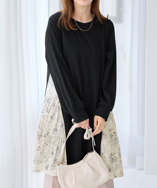 alotta(アロッタ)の「異素材切替チュニックワンピース(ワンピース・レディース・ストライプ/チェック/ブラック系その他/ブラック×ホワイト・M/LL/L)」の13枚目の写真