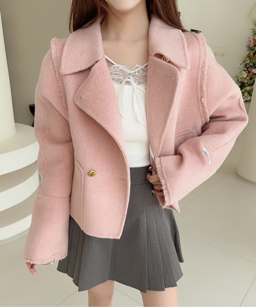 Jasmine Grandiflorum(ジャスミングランディフローラム)の「【Jasmine】フリンジリバーウールコート ショート丈 (SS)(その他アウター・レディース・ダークグレー/マスタード/ピンク・FREE)」の3枚目の写真