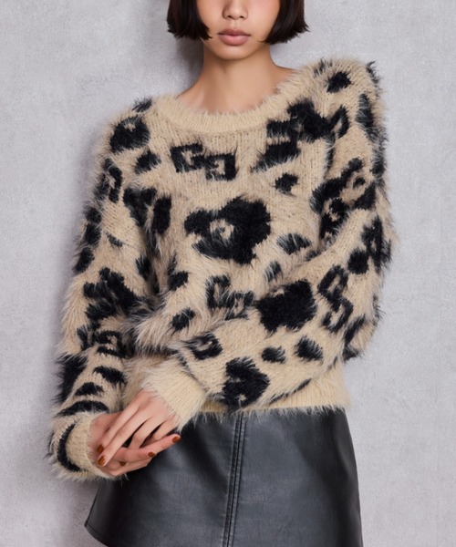 GYDA（ジェイダ）の「GG レオパードシャギーショートニットトップス（ニット/セーター・レディース・ベージュ/ブラック/アイボリー・FREE）」の3枚目の写真