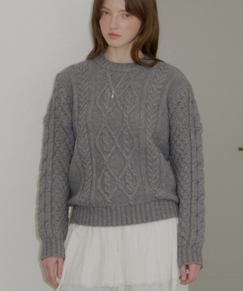 GIUNON（ジウノン）の「plump cable knit tops / プランプケーブルニットトップス（ニット/セーター・レディース・グレー/アイボリー/グリーン・FREE）」の2枚目の写真