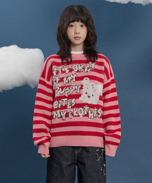 AEAE ストライプ ニットセーター レッド S aeae Vネック ストライプセーター - メルカリ