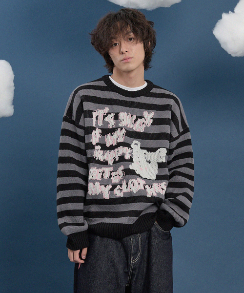 セール】ストライプパフィーグラフィックニットレッド（ニット
