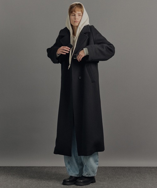 PUBLIC TOKYO（パブリックトウキョウ）の「【残りわずか・再入荷なし】SUPER140×ファインメリノ＊アシメオーバーヨークコート（ステンカラーコート・レディース・ヘザーグレー/アイボリー/ブラック/ミント・1/2）」の7枚目の写真