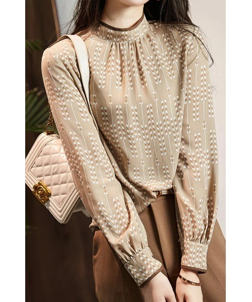 セール】ネック＆袖口パイピング仕様 リーフプリントブラウス（シャツ