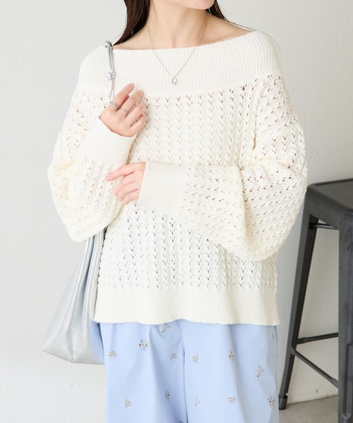 COLLAGE GALLARDAGALANTE(コラージュガリャルダガランテ)の「レースステッチニット(ニット/セーター・レディース・オフホワイト/イエロー・FREE)」の2枚目の写真