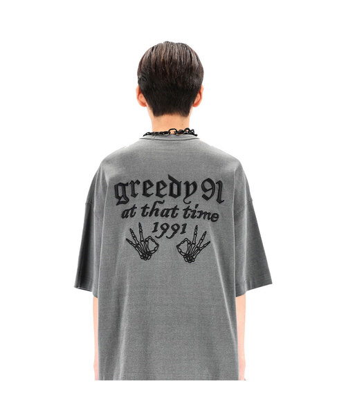 OURPOCKETS(アワーポケッツ)の「グリッドピグメントシグネチャーロゴ6部オーバーサイズTシャツ(スティールグレー)(Tシャツ/カットソー・レディース・グレー・MEDIUM/X-LARGE)」の1枚目の写真