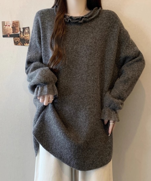 FAVORITO(ファヴォリート)の「クルーネックフレア袖ニットトップス(ニット/セーター・レディース・ダークグレー/ベージュ/ライトグレー/グレー・F)」の9枚目の写真