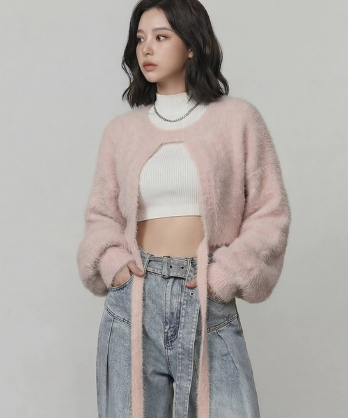 DURAS（デュラス）の「ロングテープマルチシャギーニット（カーディガン/ボレロ・レディース・ホワイト/ピンク/ブラック・FREE）」の4枚目の写真