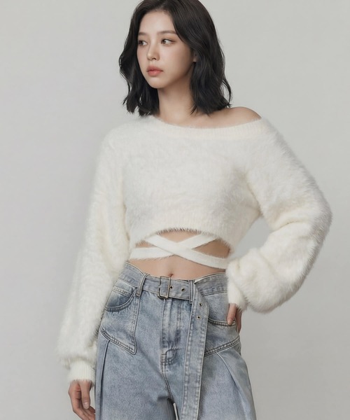 DURAS（デュラス）の「ロングテープマルチシャギーニット（カーディガン/ボレロ・レディース・ホワイト/ピンク/ブラック・FREE）」の7枚目の写真