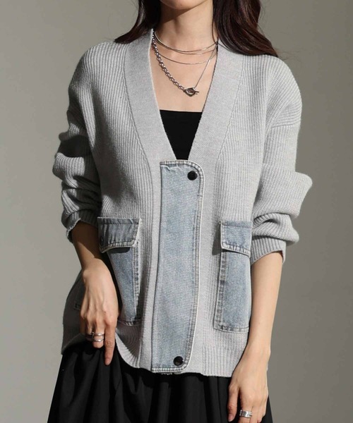 Sawa a la mode（サワアラモード）の「異素材デニム×リブニットカーディガン（カーディガン/ボレロ・レディース・チャコールグレー/ライトグレー・FREE）」の2枚目の写真