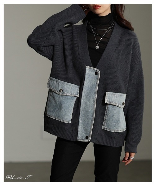 Sawa a la mode（サワアラモード）の「異素材デニム×リブニットカーディガン（カーディガン/ボレロ・レディース・チャコールグレー/ライトグレー・FREE）」の3枚目の写真