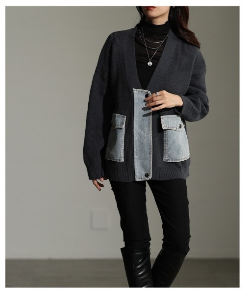Sawa a la mode（サワアラモード）の「異素材デニム×リブニットカーディガン（カーディガン/ボレロ・レディース・チャコールグレー/ライトグレー・FREE）」の8枚目の写真