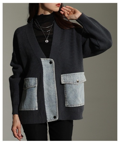 Sawa a la mode（サワアラモード）の「異素材デニム×リブニットカーディガン（カーディガン/ボレロ・レディース・チャコールグレー/ライトグレー・FREE）」の11枚目の写真