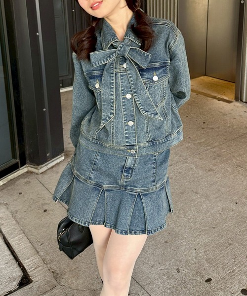 台形シルエットで細見え】デニムプリーツミニスカート（デニムスカート 