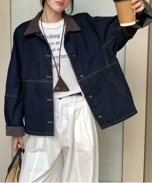 FINEnough(ファインナフ)の「えり配色切り替えデニムジャケット(テーラードジャケット・レディース・ブルー/インディゴブルー・FREE)」の3枚目の写真
